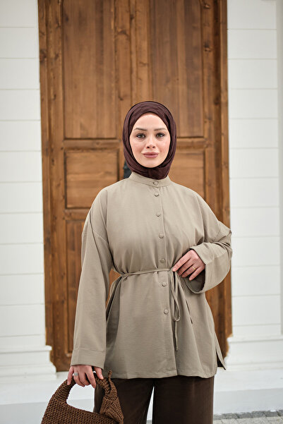 LOCCO Γυναικείο πουκάμισο με διπλό μανίκι και σκίσιμο στο μέσο, σε πράσινο χρ...