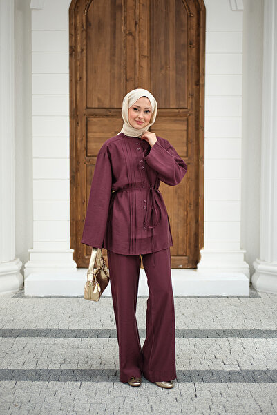 LOCCO Γυναικείο κοστούμι με λεπτομέρειες και δέσιμο στη μέση, μπορντό