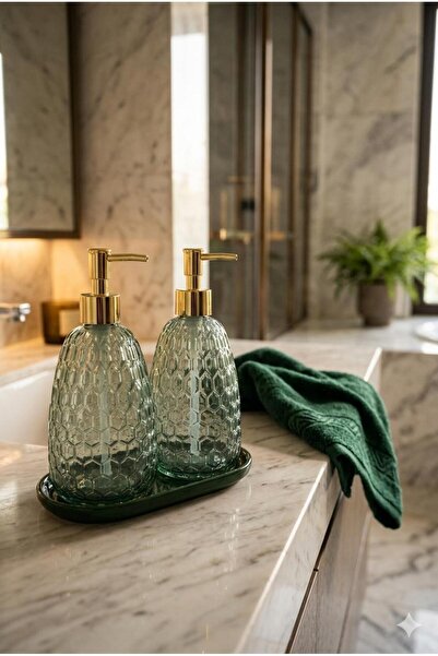 ANGDESİGN Royal Sıvı Sabunluk 2.li Standlı Mit Yeşil-Sarı • Yeşil Taban • Banyo Mutfak Bulaşık Lavabo Cam Sabunluk Sıvı Sabun Dispenseri Sabun Pompası Mutfak Sıvı Sabunluğu Cam Deterjanlık Dekoratif Sabunluk