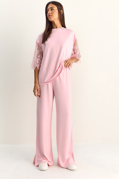 Bianco Lucci Γυναικείο Σετ με Δαντελένια Μανίκια, Oversize Basic T-Shirt, Ελα...