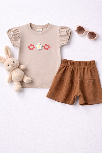BABY SPORT طقم تي شيرت وشورت للفتيات، طقم صيفي بأكمام مكشكشة وتفاصيل زهرية