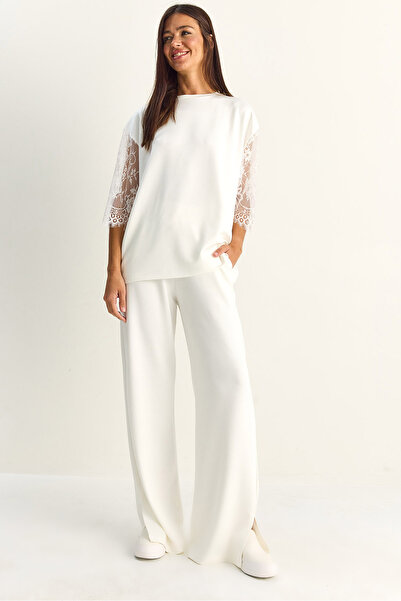 Bianco Lucci Γυναικείο Σετ με Δαντελένια Μανίκια, Oversize Basic T-Shirt, Ελα...