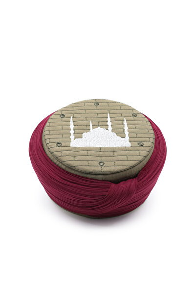 Sarıkhane Cami Sarığı - Burgundy Fabric - Green Skullcap - Plain Wrap - Cami ...