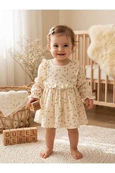 Cherrys Bebek Çiçekli Fırfırlı Kız Bebek Müslin Elbise