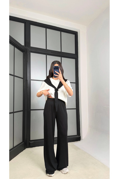 solena sln Γυναικείο Μαύρο Σετ Φόρμας με Λεπτομέρεια Σάλι, Βασικό Μπλουζάκι κ...