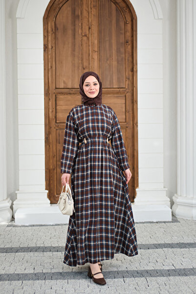 LOCCO Γυναικείο φόρεμα με καρό σχέδιο και λεπτομέρεια στον αγκώνα, με δέσιμο ...