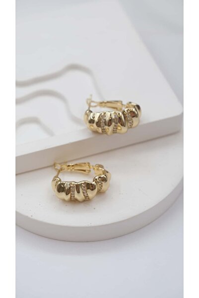 Jerie Gold Zircon Stone Zigzag Design Hoop Earrings