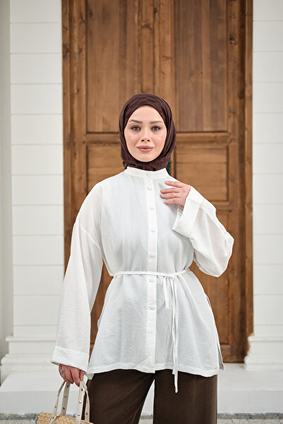 LOCCO Γυναικείο πουκάμισο με διπλό μανίκι και σκίσιμο, εκρού