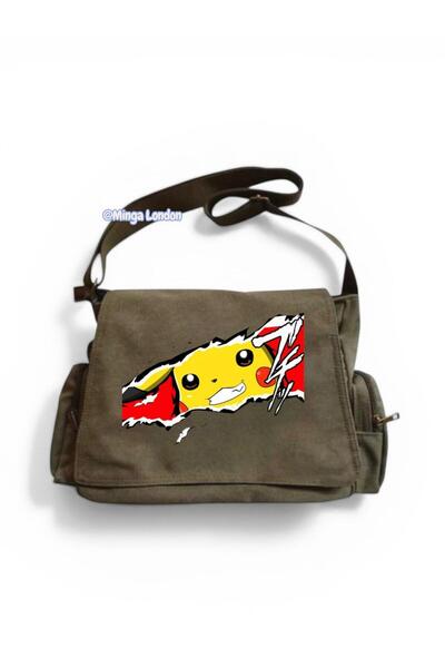 DEEFWEAR Haki Pikachu Smile Baskılı Okul , Kurs , Dershane Postacı Çantası -T...