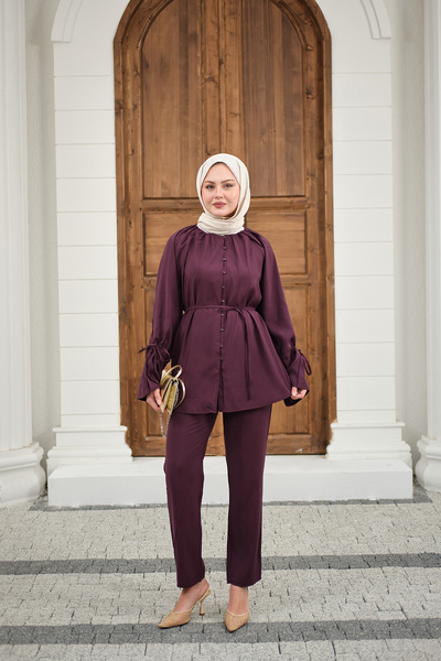 LOCCO Γυναικείο Σετ με Λεπτομέρειες από Κορδόνια Περίσφιξης Δαμασκηνί