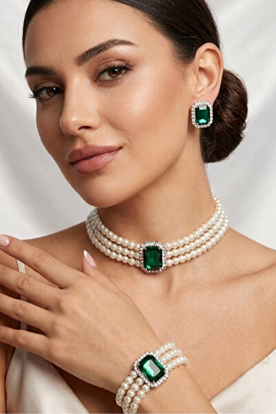 Happyline İncili yeşil baget taşlı gümüş kaplama inci choker kolye tasarım şı...