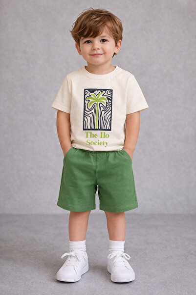 kr kids Boy's Printed T-Shirt & Shorts Set (Cream-Green)