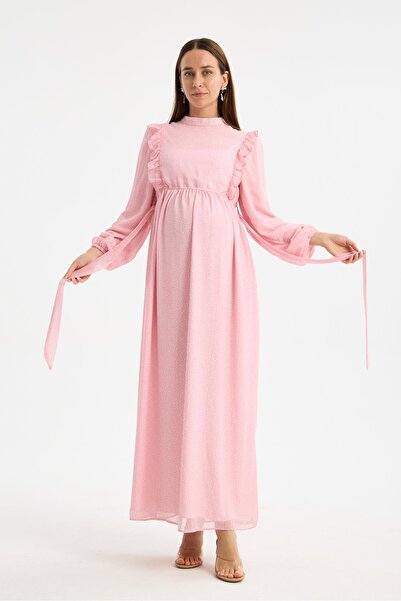 Işşıl M0024-Φόρεμα μάξι σιφόν εγκυμοσύνης με μίνι λεοπάρ σχέδιο και γιακά με ...