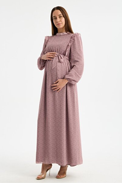 Işşıl M0024-Φόρεμα μάξι σιφόν εγκυμοσύνης με μίνι λεοπάρ σχέδιο και γιακά με ...