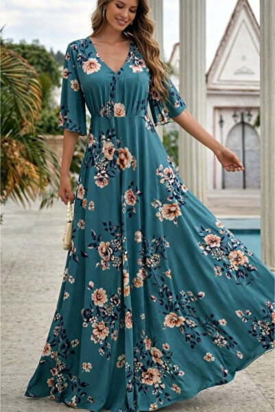Kokosh moda Kadın Kısa Kollu V Yakalı çiçek Desenli Süprem Elbise