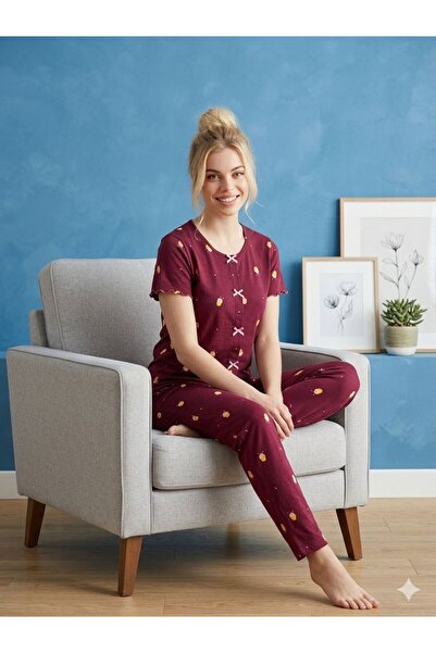 PİJALİNA Γυναικείο Σετ με Κοντά Μανίκια και Μακρύ Εμπριμέ Σχέδιο