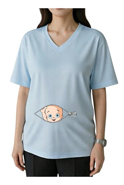 DM DOLCE MORE Μπλουζάκι εγκυμοσύνης με φερμουάρ, στάμπα μωρού, λαιμόκοψη V, o...