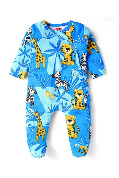 Babyhug Knit Full Sleeves Footed Sleep Suit with Animal Print - Blue