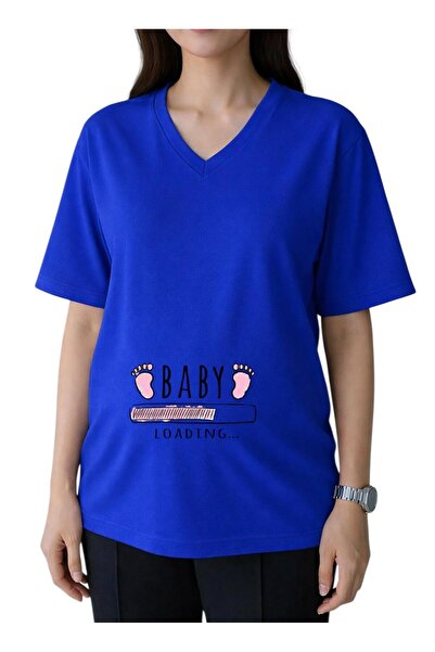 E-ROMA Μπλουζάκι εγκύων με στάμπα μωρού, ροζ σχέδιο ποδιών, λαιμόκοψη V, over...