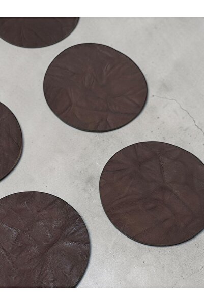 PLUSH STUDIO ISTANBUL 10 cm Diameter Brown Genuine Patterned Leather Coasters Set of 6 – Decorative Table Protector