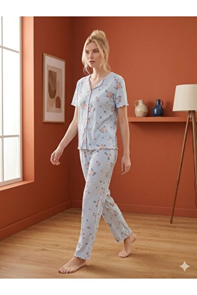 PİJALİNA Γυναικείο Σετ με Κοντά Μανίκια και Μακρύ Εμπριμέ Σχέδιο