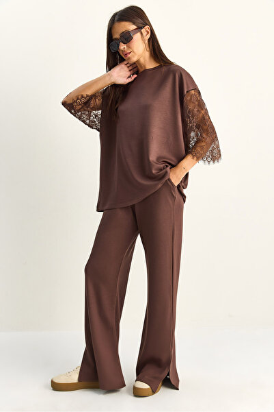 Bianco Lucci Γυναικείο Σετ με Δαντελένια Μανίκια, Oversize Basic T-Shirt, Ελα...