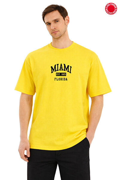 BEETON Unisex Oversize κίτρινο μπλουζάκι με στάμπα Miami Florida, 100% βαμβάκ...