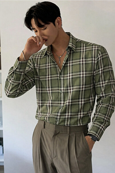 Tarz Cool Ανδρικό καρό πουκάμισο με λεπτή εφαρμογή, μακρυμάνικο, βαμβακερό, κ...