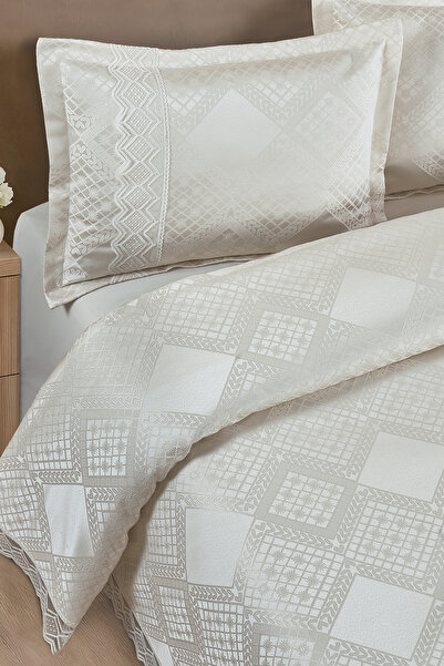 BİRHOME Likya Jakarlı Fransız Dantelli Modern Çift Kişilik Yatak Örtüsü Takımı 240x250cm (krem)