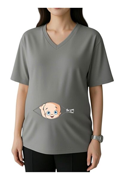 E-ROMA Μπλουζάκι εγκυμοσύνης με φερμουάρ, στάμπα μωρού, λαιμόκοψη V, oversize...