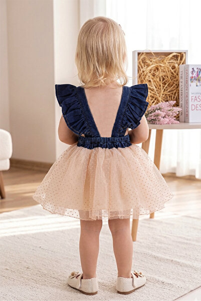 Babymod Teddy Bear Embroidered Tulle Skirt Baby Girl Dress Denim Gilet