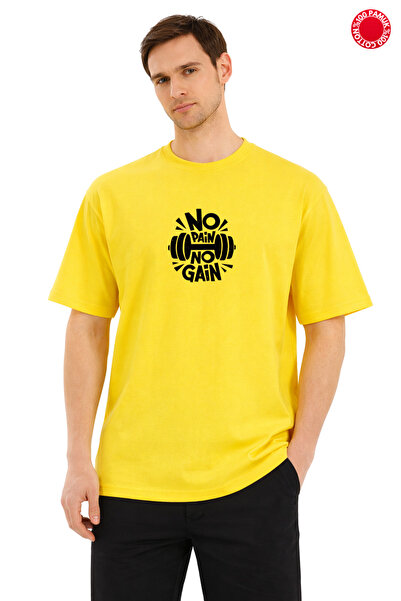 DUBU BUTİK Unisex Oversize Κίτρινο T-Shirt με στάμπα No Pain No Gain 100% Βαμ...