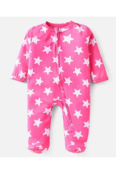 Babyhug Knit Full Sleeves Footed Sleep Suit With Star Print - Dark Pink