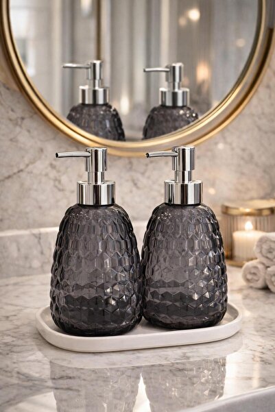 ANGDESİGN Royal Sıvı Sabunluk 2.li Standlı Füme-Krom / Beyaz Taban • Lavabo Banyo Mutfak Tezgah Üzeri Şıklık Cam Sabunluk Sıvı Sabun Dispenseri Sabun Pompası Mutfak Sıvı Sabunluğu Cam Deterjanlık Dekoratif