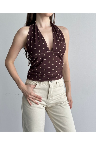 Sensis Puantiyeli Şifon Halter Yaka Crop Bluz