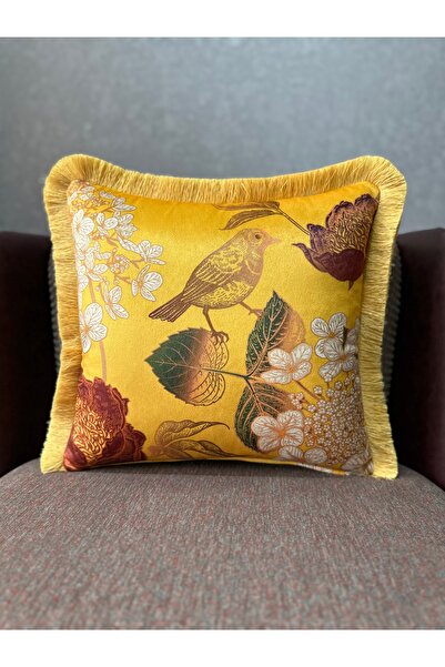 Fabricland Robin-9372 Sarı Ithal Ipek Kadife Püsküllü Kırlent Kılıfı 43x43