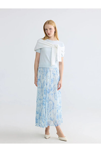 LC Waikiki Lcw Modest Blue Patterned Chiffon Pleated Skirt with Elastic Waist