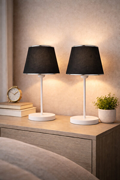 Eslight Soleva 2'li Modern Dekoratif Siyah Kumaş Şapkalı Masa Lambası Krom De...