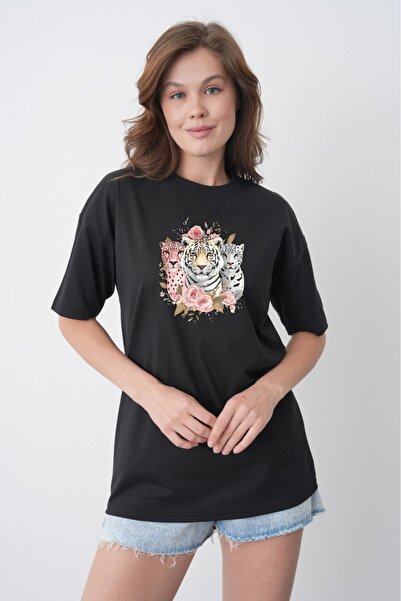 TREND EMMODA Tricou negru pentru femei, în stil de vară, cu imprimeu cu trand...