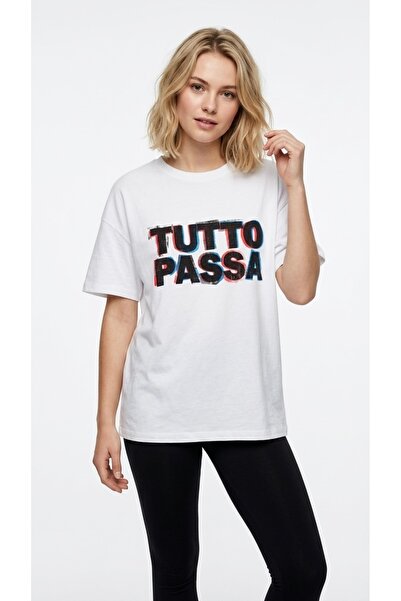 Unisex Beyaz 'Tutto Passa' Baskılı Oversize Tişört
