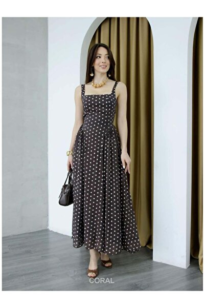 Coral Square Neck Midi Polka Dot Dress 111715 Brown