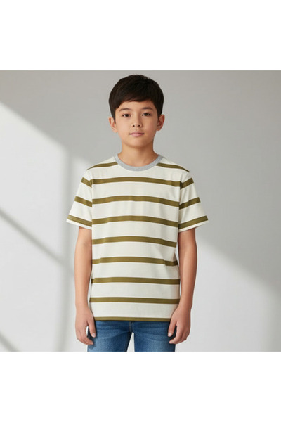 REDTAG Boys Mustard And Ivory Striped Loose Fit T Shirt