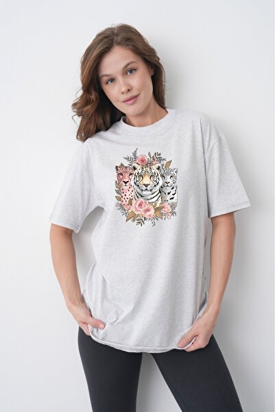 TREND EMMODA Tricou gri pentru femei, în stil de vară, cu imprimeu cu trandaf...