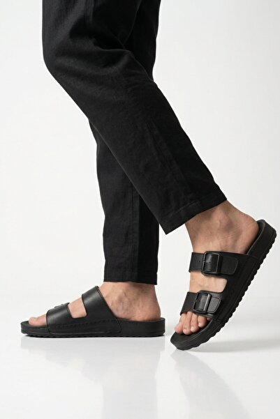 AYAKMOD Μαύρες ανδρικές παντόφλες από γνήσιο δέρμα με διπλό λουράκι και μαλακ...