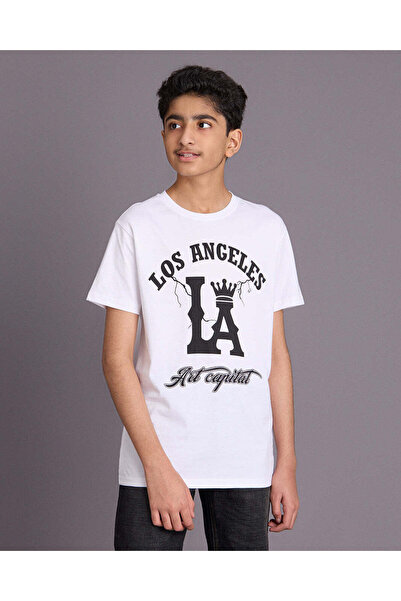 REDTAG Senior Boys White LA Print T-Shirt