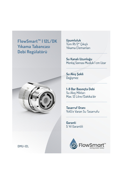 FlowSmart™ Yıkama Tabancası Debi Regülatörü 12L/DK | Mutfakta %45’e Varan Su Tasarrufu | R1/2 Uyumlu
