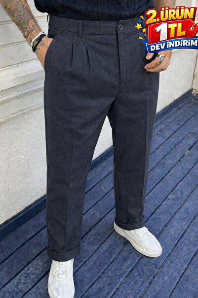 DAMGA JEANS Ανδρικό υψηλόμεσο παντελόνι από καπνιστό ύφασμα κανονικής εφαρμογής