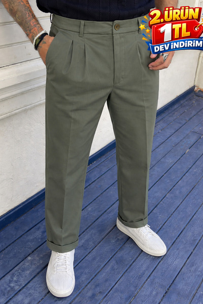 DAMGA JEANS Ανδρικό υφασμάτινο παντελόνι χακί με κανονική εφαρμογή και ψηλή μέση