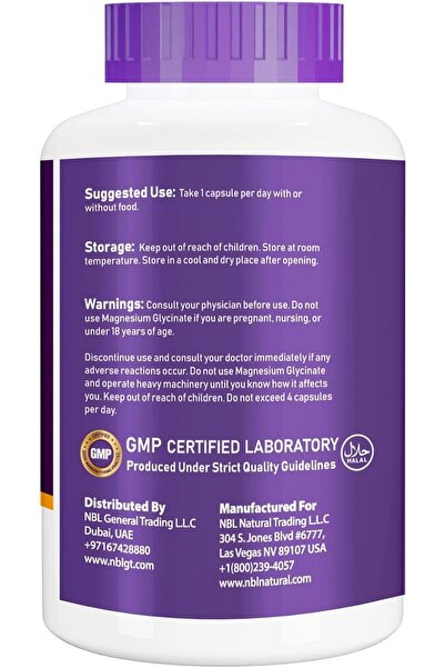 NBL Natural Magnesium Glycinate 400 mg, 180 Veggie Capsules, Supports Muscle, Bone & Heart Function,