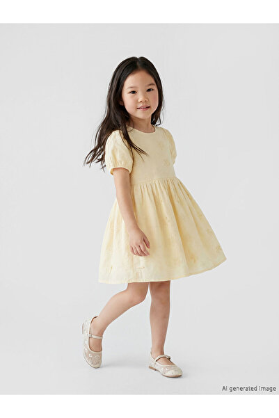 LC Waikiki Nevavm Satin Dress for Girls with Floral Embroidery and Oval Neckline